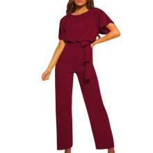 Jumpsuits for Women Casual 1Piece Elegant Loose Short Sleeve Belted Wide Leg Romper Crew Neck Dressy Overall Pants