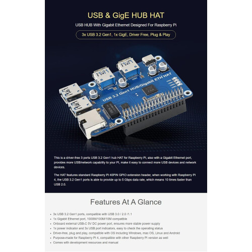 USB 3.2 Gen1 and Gigabit Ethernet HUB HAT, Compatible with Raspberry Pi Zero/Zero W/4B/3B/3B 2