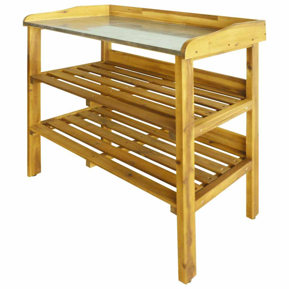 vidaXL Solid Acacia Wood and Zinc Potting Bench with 2 Shelves Flower Staging