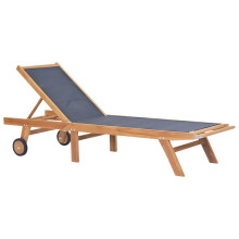 vidaXL Solid Teak and Textilene Folding Sunlounger with Wheels Outdoor Daybed