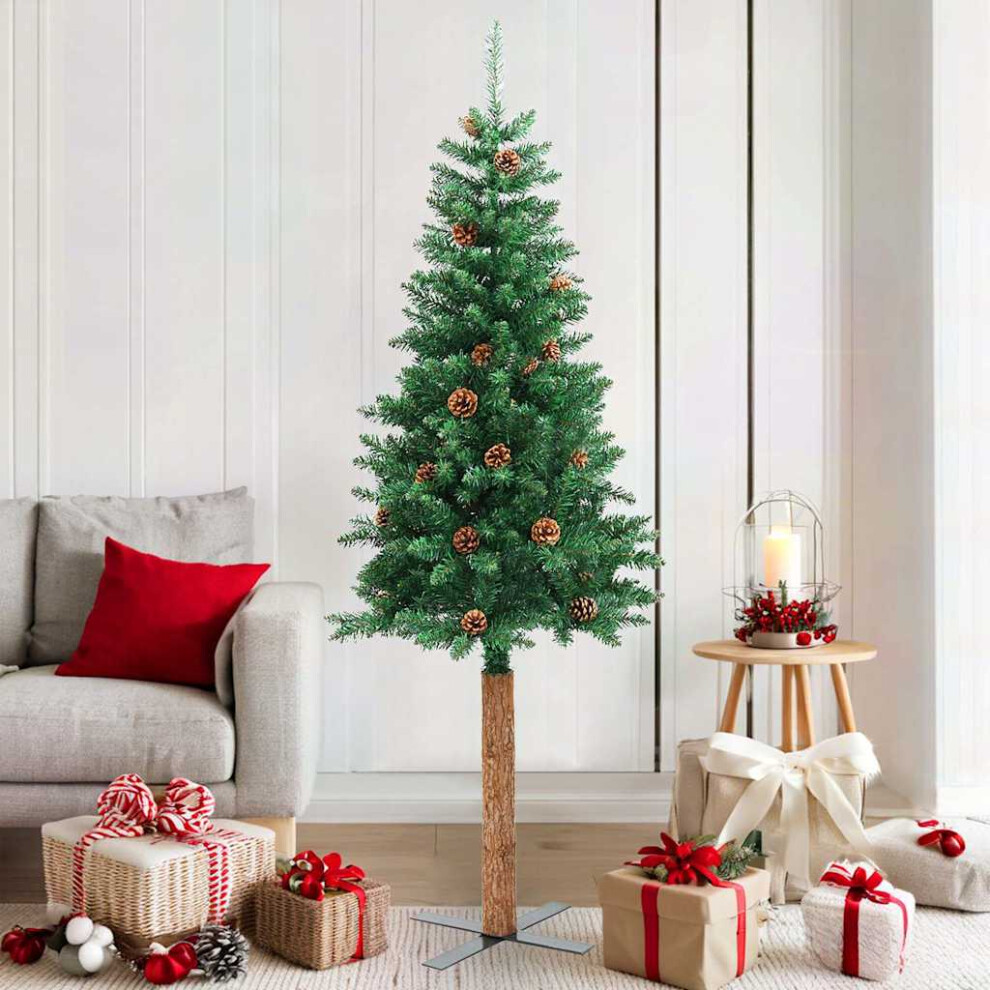 Vidaxl Slim Christmas Tree With Real Wood And Cones Pvc Xmas Ornament Green