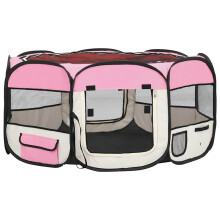vidaXL Foldable Pink Dog Playpen with Carrying Bag, 145x145x61 cm, 8 Panels, Steel Frame (171012)