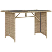 vidaXL Garden Table with Glass Top Outdoor Dining Table Beige Poly Rattan
