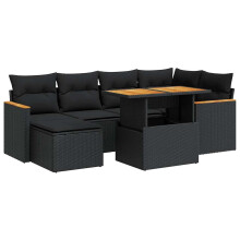 vidaXL 7-tlg. Garten-Sofagarnitur mit Kissen Schwarz Poly Rattan