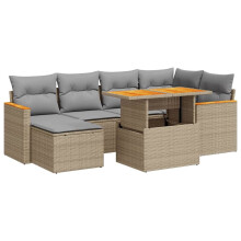 vidaXL 7-tlg. Garten-Sofagarnitur mit Kissen Beige Poly Rattan Akazie