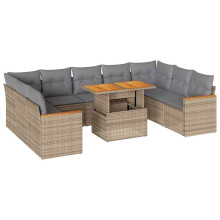 vidaXL 10-tlg. Garten-Sofagarnitur mit Kissen Beige Poly Rattan Akazie