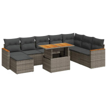 vidaXL 9-tlg. Garten-Sofagarnitur mit Kissen Grau Poly Rattan Akazie