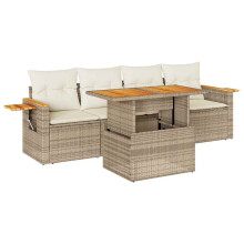 vidaXL 5-tlg. Garten-Sofagarnitur mit Kissen Beige Poly Rattan Akazie
