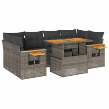 vidaXL 7-tlg. Garten-Sofagarnitur mit Kissen Grau Poly Rattan Akazie