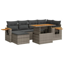 vidaXL 7-tlg. Garten-Sofagarnitur mit Kissen Grau Poly Rattan Akazie