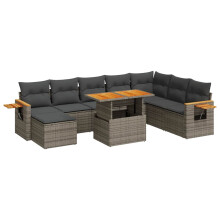 vidaXL 9-tlg. Garten-Sofagarnitur mit Kissen Grau Poly Rattan Akazie