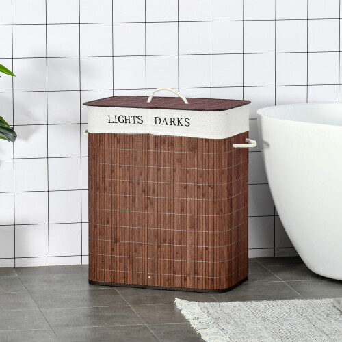 Homcom HOMCOM 2 Section Collapsible Laundry Hamper Lid Removable Lining, Brown
