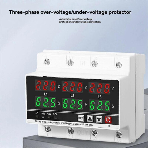 3 Phase Adjustable over and Under Voltage Protector Voltmeter Ammeter Monitor 3P4W Din Rail Current 1