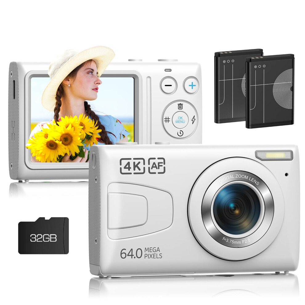 Digital Camera, Firefoto 4K Autofocus Vlogging Camera With Flash, 64Mp Point And Shoot Digital Cameras With 18X Digital Zoom, 32Gb Card, Compact 765463548673