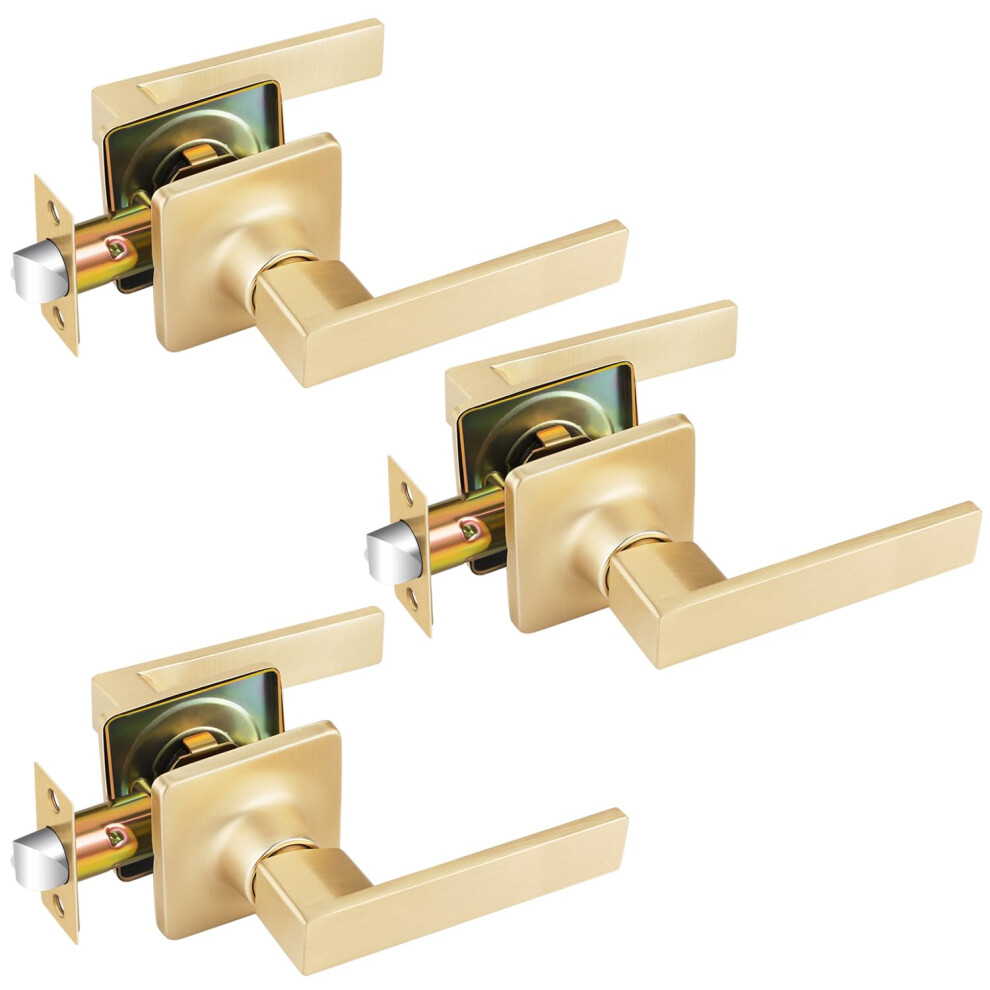 3 Pack Brushed Brass Door Handles Gold Interior Door Knobs, Keyless Passage Door Levers For Hallway Or Closet, Reversible Handing 940534646735