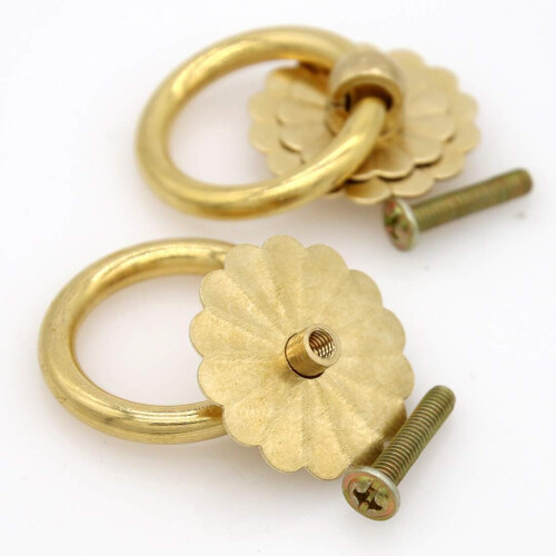 6 PCs Vintage Golden Brass Ring Pulls  Pure Solid Brass Cabinet Hardware Ring Size 1.4' (3.5 cm) 2