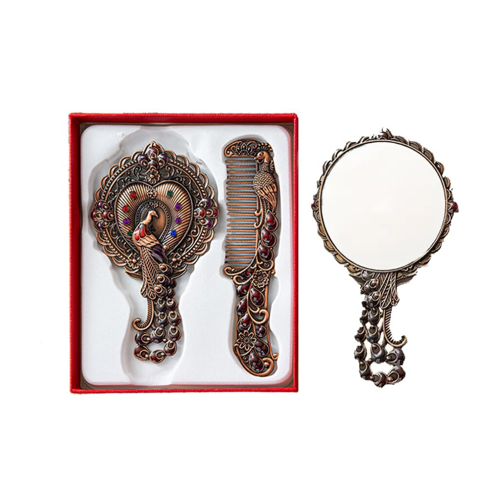 Opexicos 2Pcs/1Set Peacock Embossed Vanity Mirror Comb Set Travel Portable Metal Cosmetic Mirror With Embedded Beads For Women