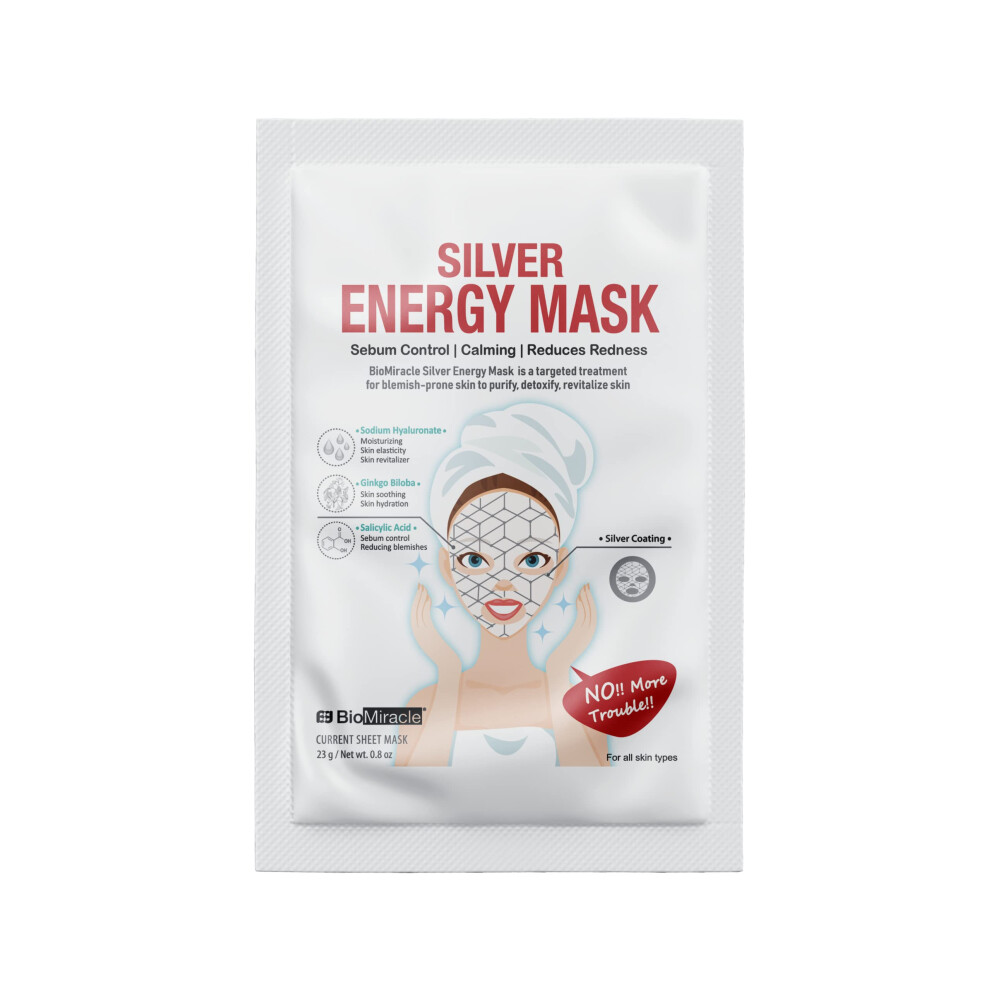 BioMiracle Silver Energy Mask with Sodium Hyaluronate Ginkgo Biloba Salicylic Acid for blemish-prone skin to purify detoxify revitalize skin