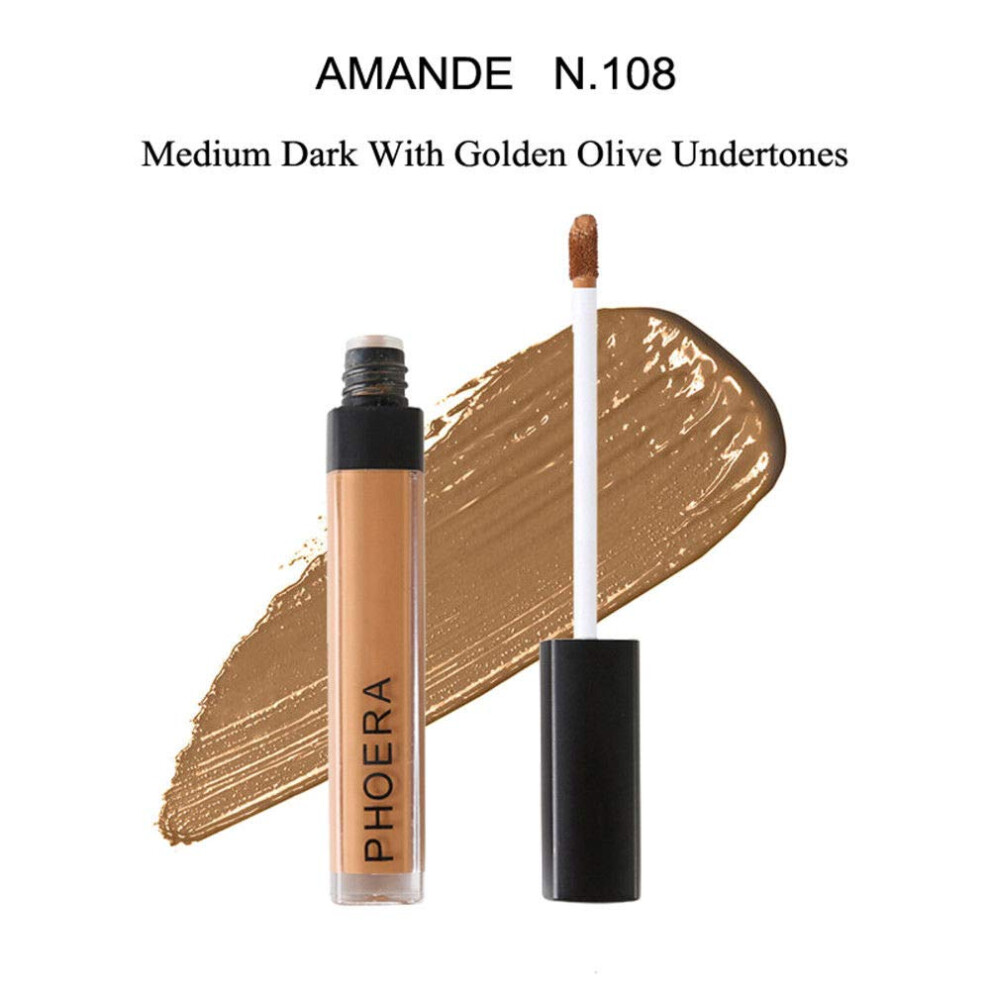 Phoera Dark Aquapurity Liquid Concealer Full Coverage Makeup Face Moisturizer Foundation Conceal Under Eye Circles (108 Amande)