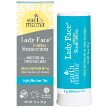 Earth Mama Lady Face Tinted Mineral Sunscreen Face Stick SPF 40 Light/Medium Tint | Indeholder ?kologisk shea og kakaosm?r | Foundation + Conceal