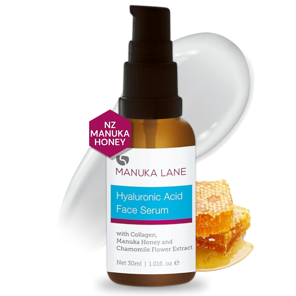 Manuka Lane Hyaluronic Acid Serum For Face And Neck With Collagen Manuka Honey & Chamomile Flower Extract | Plant Based Formula | Carefully Formulated To Ke