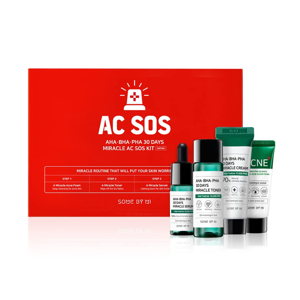 SOME BY MI AHA BHA PHA 30 Days Miracle AC SOS Kit/Clear Foam 1.01OZ Toner 1.01Oz Serum 0.33Oz Cream 0.7Oz / Strengthen Skin Barrier for Sensit