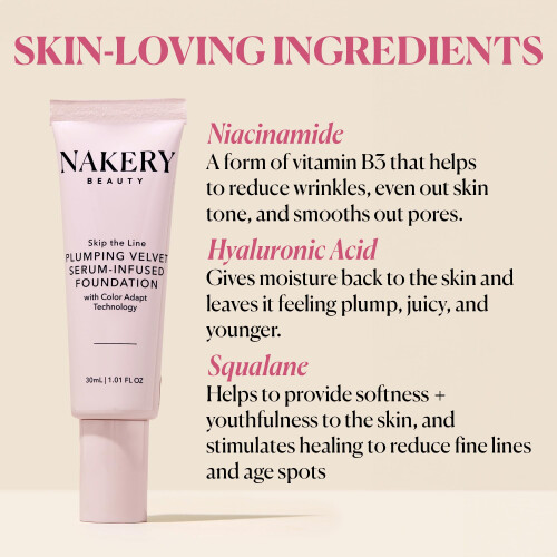 Nakery Full Coverage Foundation para mulheres - 5 em 1 Plumping Liquid Foundation Makeup - Serum Infused Makeup Foundation Smart Color Adapt com 1