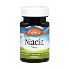 Carlson - Niacyna 50 mg Wspomaga metabolizm cholesterolu Produkcja energii Zdrowie serca Funkcja nerww 100 tabletek