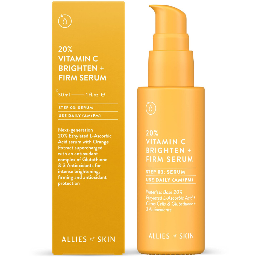 Allies Of Skin 20% Vitamin C Brighten + Firm Serum: 20% Ethylated L-Ascorbic Acid + Orange Extract Complex With Glutathione. Firms & Intensely Brighte
