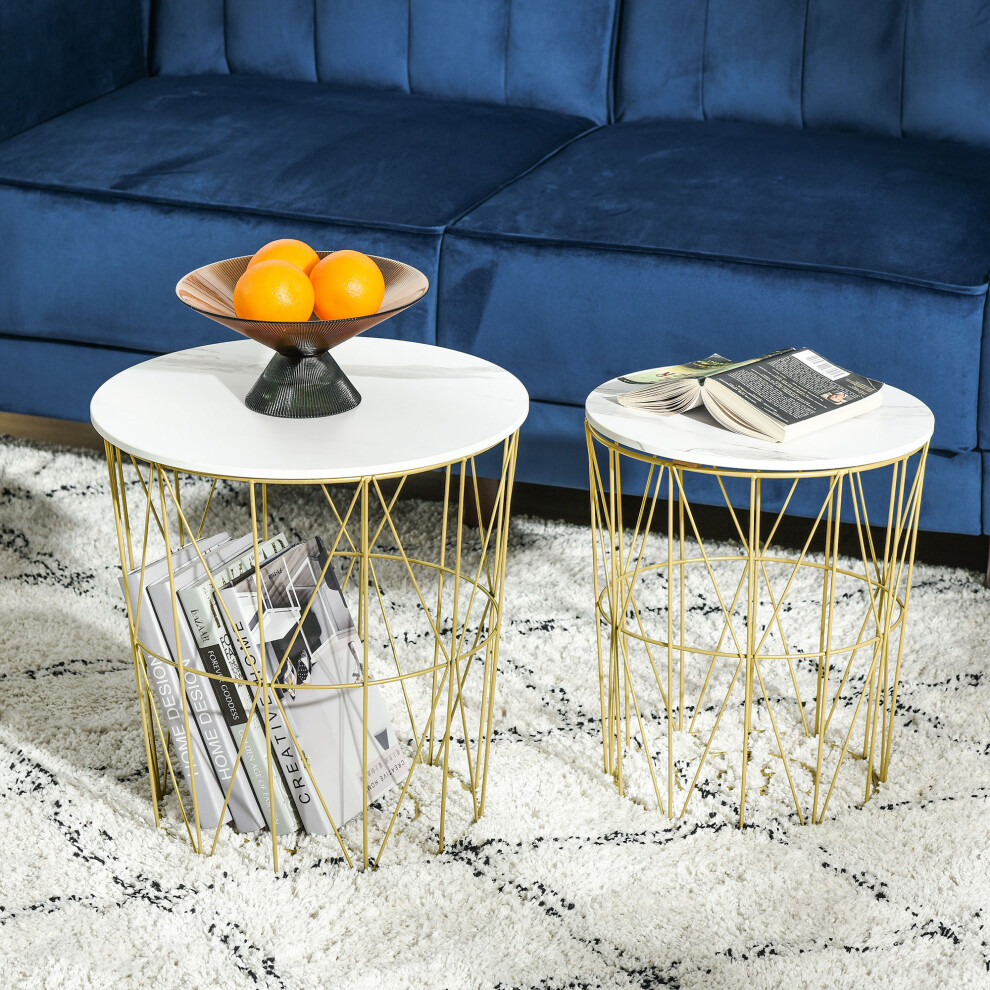 Homcom Set Of 2 Nesting End Tables Side Tables W/ Basket Removable Top, White