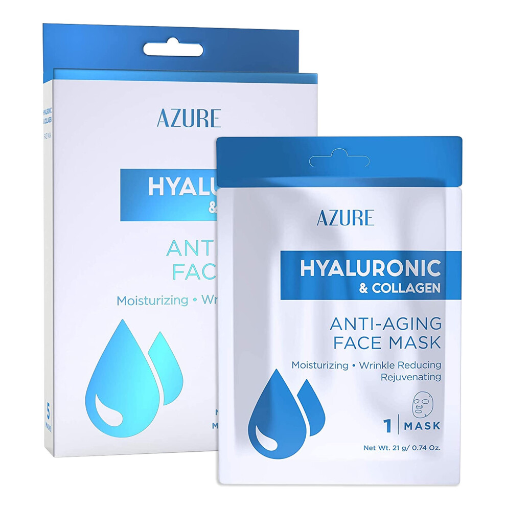 Azure Cosmetics Azure Hyaluronic Acid & Collagen Anti Aging Sheet Facial Mask - Rejuvenating & Moisturizing Face Mask - Helps Reduce Fine Lines & Wrinkles Tight