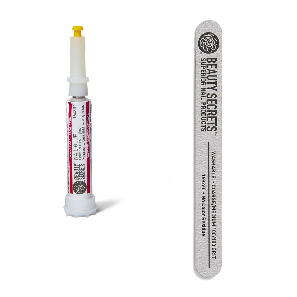 Beauty Secrets Drip & Clog Proof Nail Glue (1 Pack) Bundled With Zebra Cushion Nail File Medium Coarse 180/100 Grit By