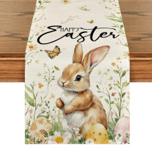 Bunny Rabbit Butterfly Eggs Flowers Easter Table Runner, Seasonal Spring Kitchen Dining Table Decoration for Home Party Decor 13x72 Inch