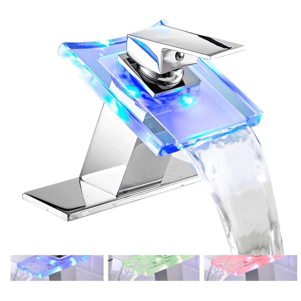 Bathroom Faucet Led Light 3 Colors Changing Waterfall Glass Spout Hot And Cold Water Mixer 820064754059