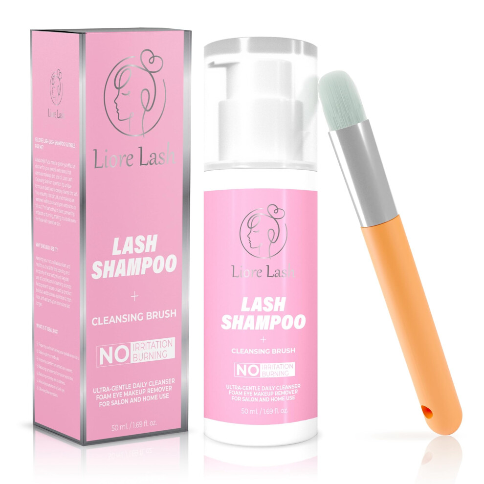 Liore Lash Eyelash Extension Shampoo + Brush/Gentle Foam Cleanser For Lash Extensions & Natural Lashes/Eyelid Wash Makeup Remover/Safe Lash Supplies/H