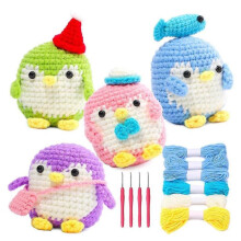4pcs Diy Crochet Penguin Kit with Hand Knitting Yarn Needles Plush Doll Easy(blue,green,purple,pink)