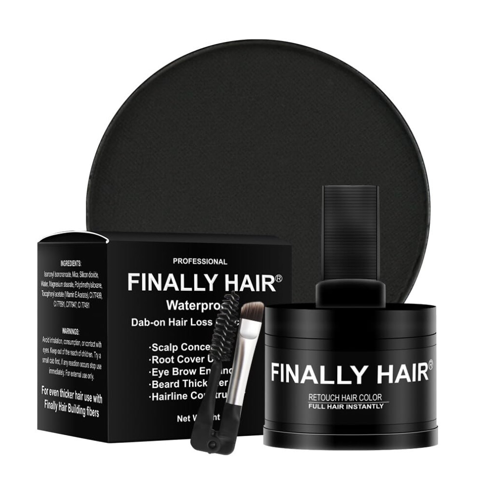 Finally Hair Black Fiber Concealer - Waterproof Hair Loss Solution Hairline Creator Eyebrow Enhancer & Beard Filler With Dab-On Shadow Powder