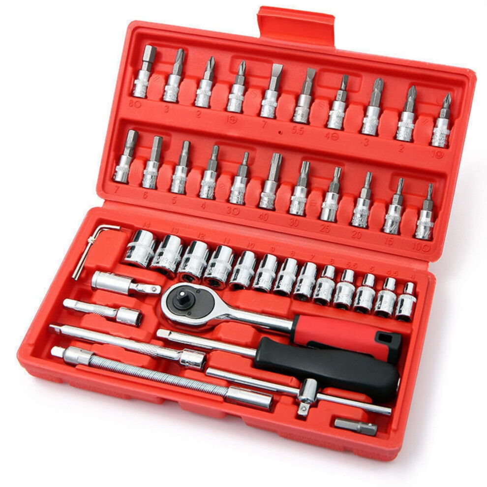 46 Pieces Mechanic Tool Kit 1/4' Dr. Ratchet Socket Wrench Set With Storage Case, Includes Bit Sockets And Extension Bar 940534657304