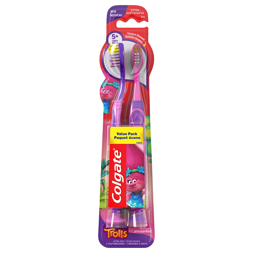 Colgate Kids Toothbrush Trolls Extra Soft Toothbrush with Suction Cup 4 Pack