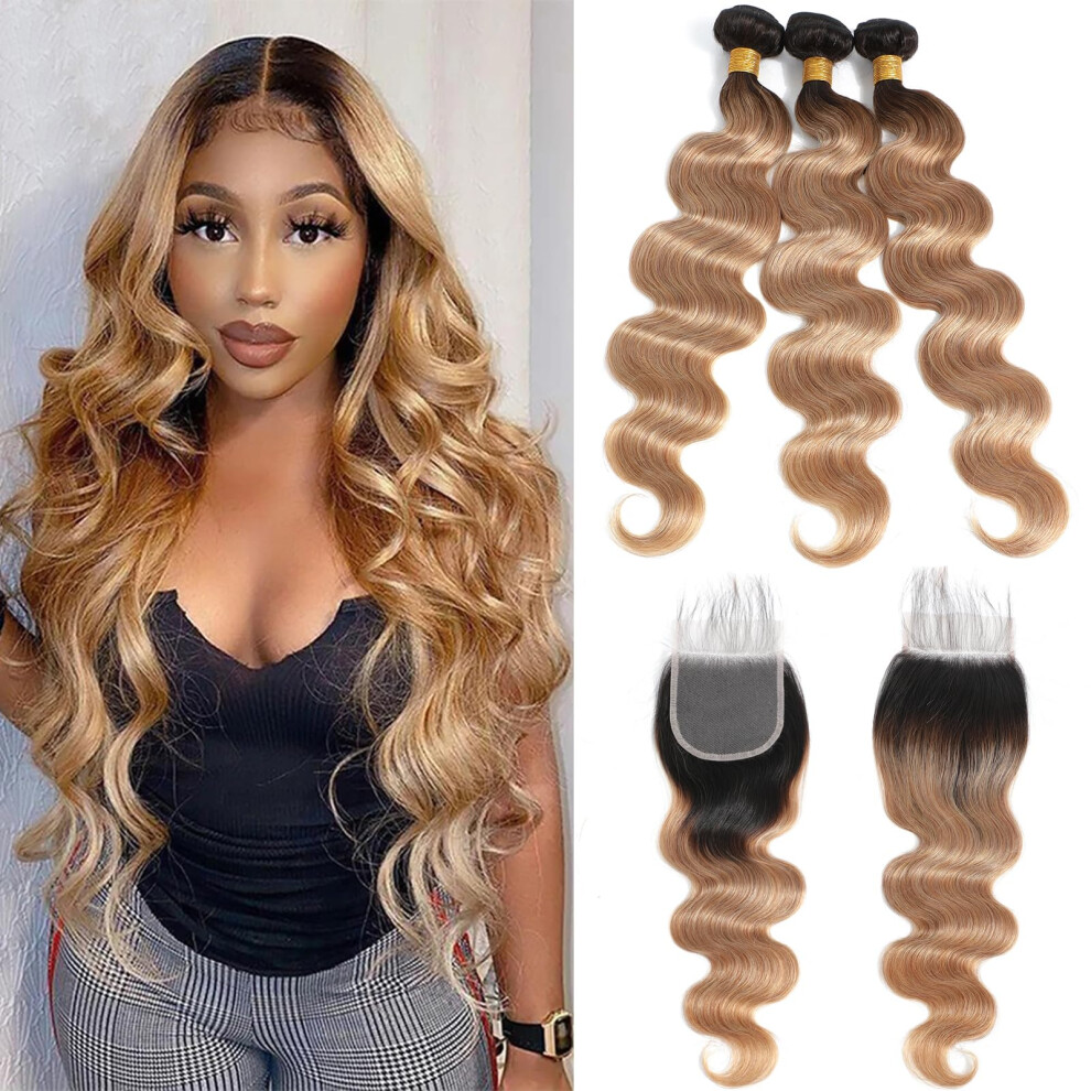 Royal Impression Unisex 12A Ombre Body Wave Bundles Human Hair With Closure (T1b/27 22 24 26+20"""") 100% Unprocessed Virgin Brazilian Ombre Highlight Body Wave Human Hair
