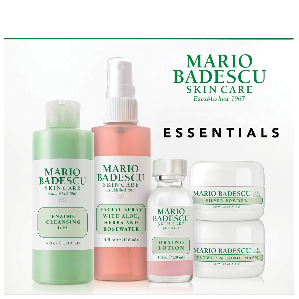 Mario Badescu Essentials 5 Piece Kit  Skincare Gift Set With Drying Lotion  Rose Water Facial Spray  Silver Powder  Enzyme Cleansing Gel and Flow