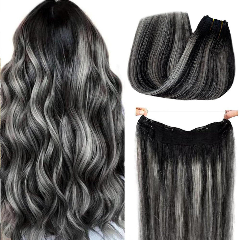 Sunfa Invisible Wire Halo Hair Extensions 18Inch 80G Ombre Highlighted Natural Black To Grey Mixted Clip In Hair Extension