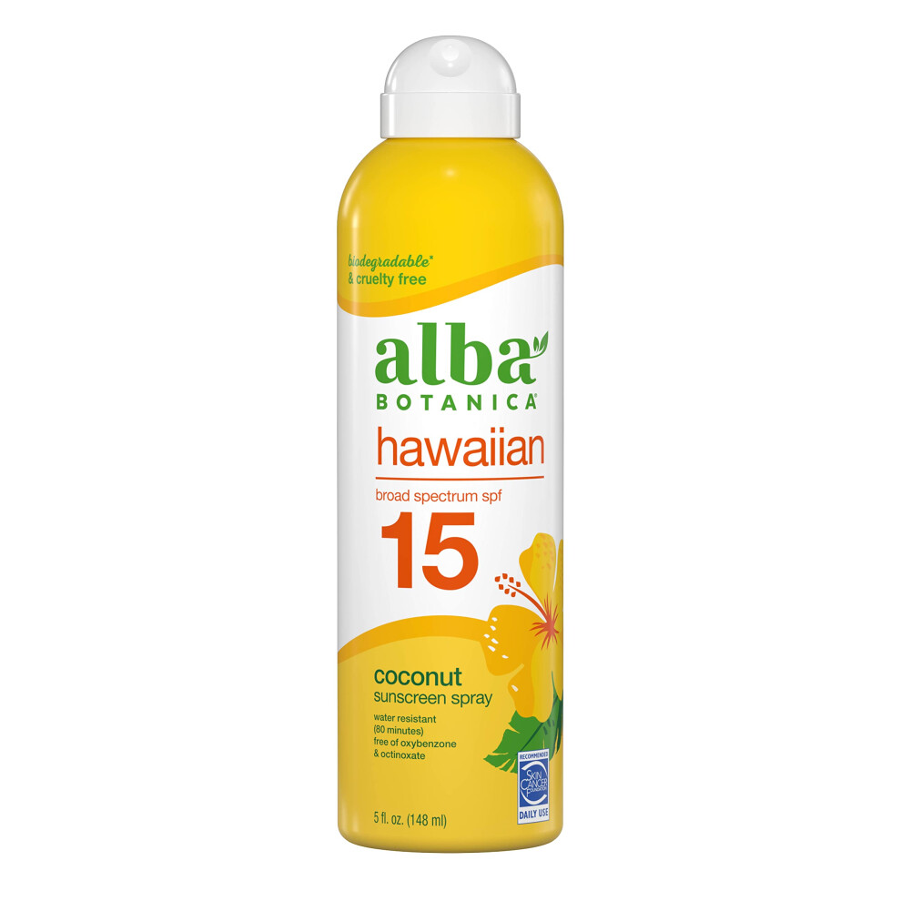 Alba Botanica Sunscreen Spray For Face And Body Broad Spectrum Spf 15 Sunscreen Hawaiian Coconut Water Resistant And Biodegradable 5 Fl. Oz.