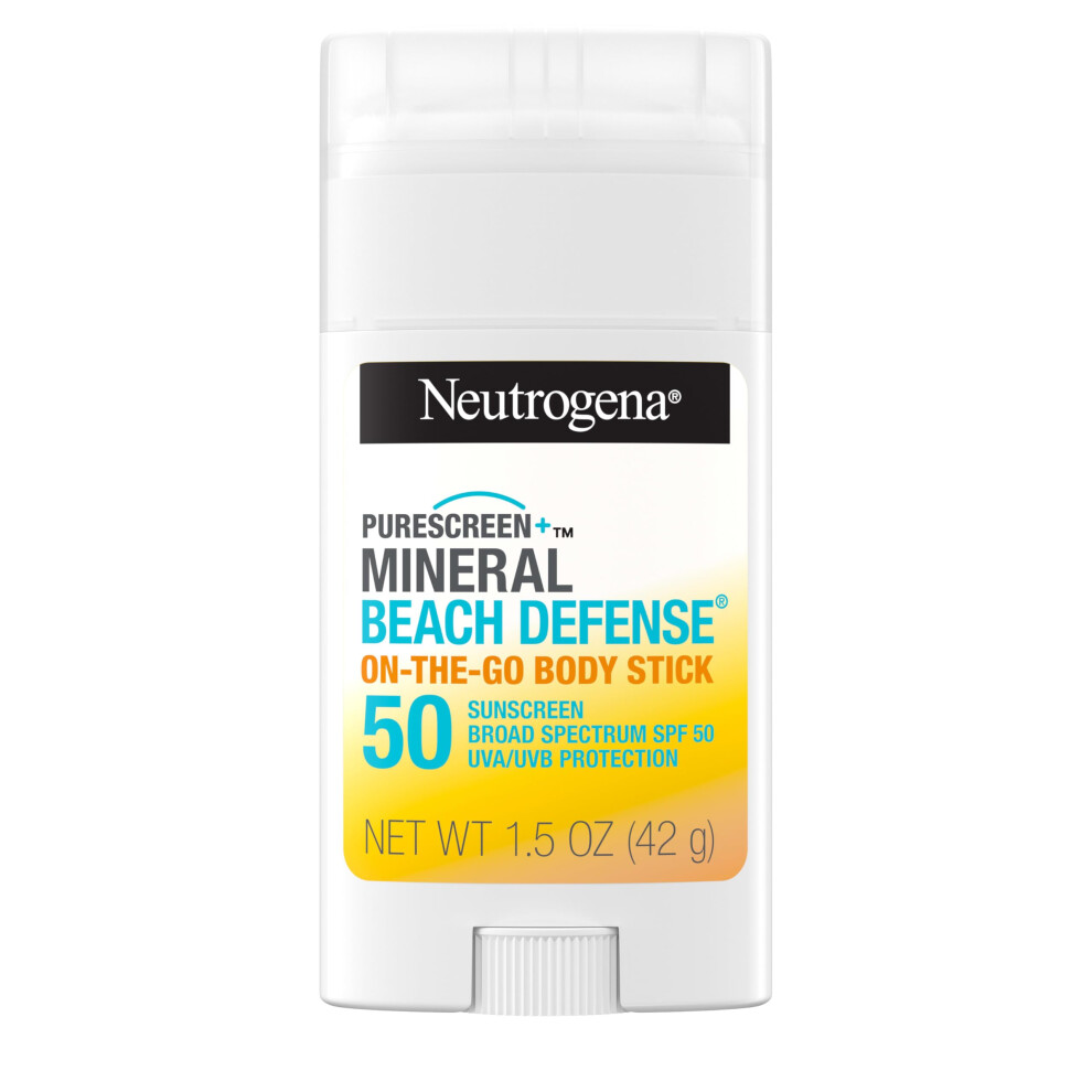 Neutrogena Purescreen+ Mineral Beach Defense On-The-Go Body Sunscreen Stick with Broad Spectrum SPF 50  Water Resistant UVA/UVB Protection  Absor