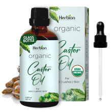 Herbion Naturals Bio-Rizinusl, USDA-zertifiziert, 100 % rein, kaltgepresst, hexanfrei. Feuchtigkeitscreme und Haarbehandlung. Glasflasche mit Tropfe