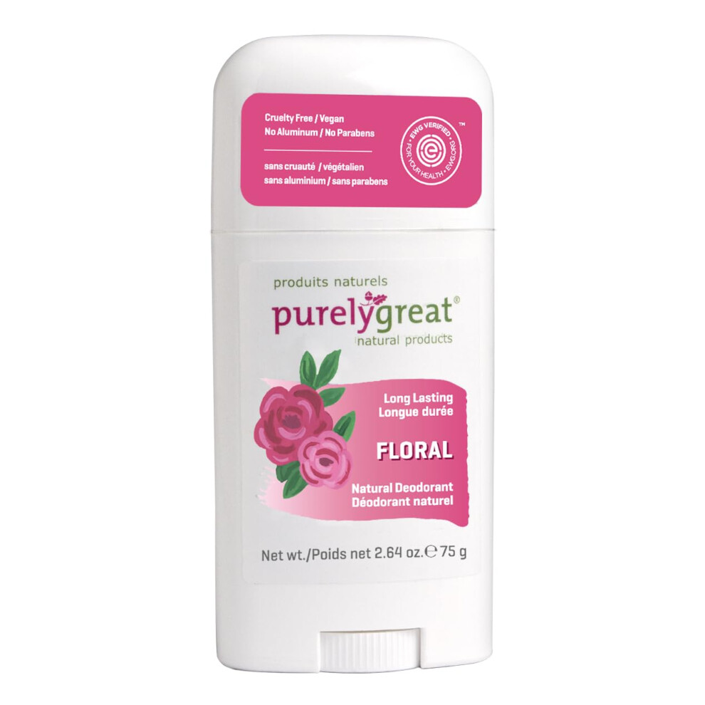 Purelygreat Natural Deodorant Stick - Floral - Ewg Verified - Vegan Cruelty Free - No Aluminum No Parabens - Essential Oils