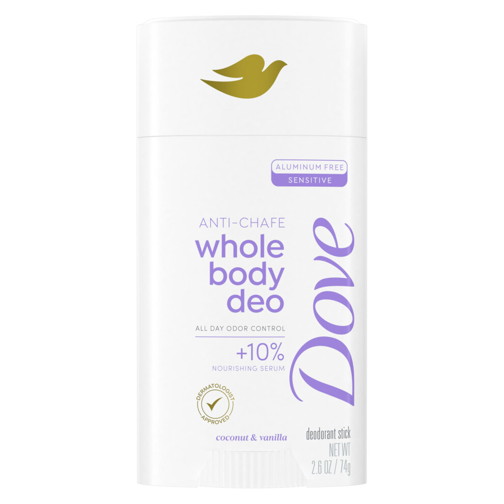 Dove White Whole Body Deo Aluminum Free Anti-Chafe Deodorant Stick Coconut & Vanilla For 72H Odor Control 2.6 Oz