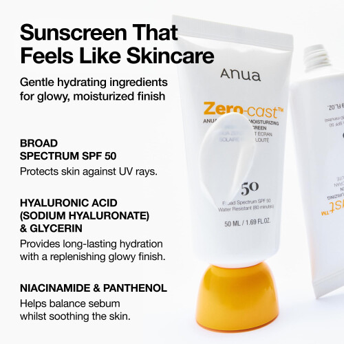 ANUA Anua Zero-Cast Ενυδατική Αντηλιακή Κρέμα SPF 50, Χωρίς Λευκό Υπόλειμμα, Υαλουρονικό Οξύ 2
