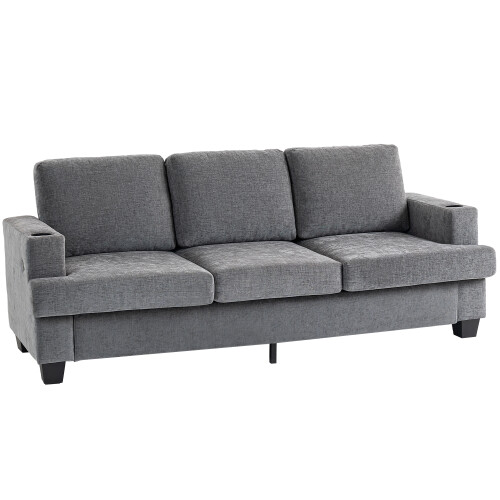 Homcom (Grey) HOMCOM 3 Seater Sofa, Fabric Sofa with USB Ports and Cup Holders 1