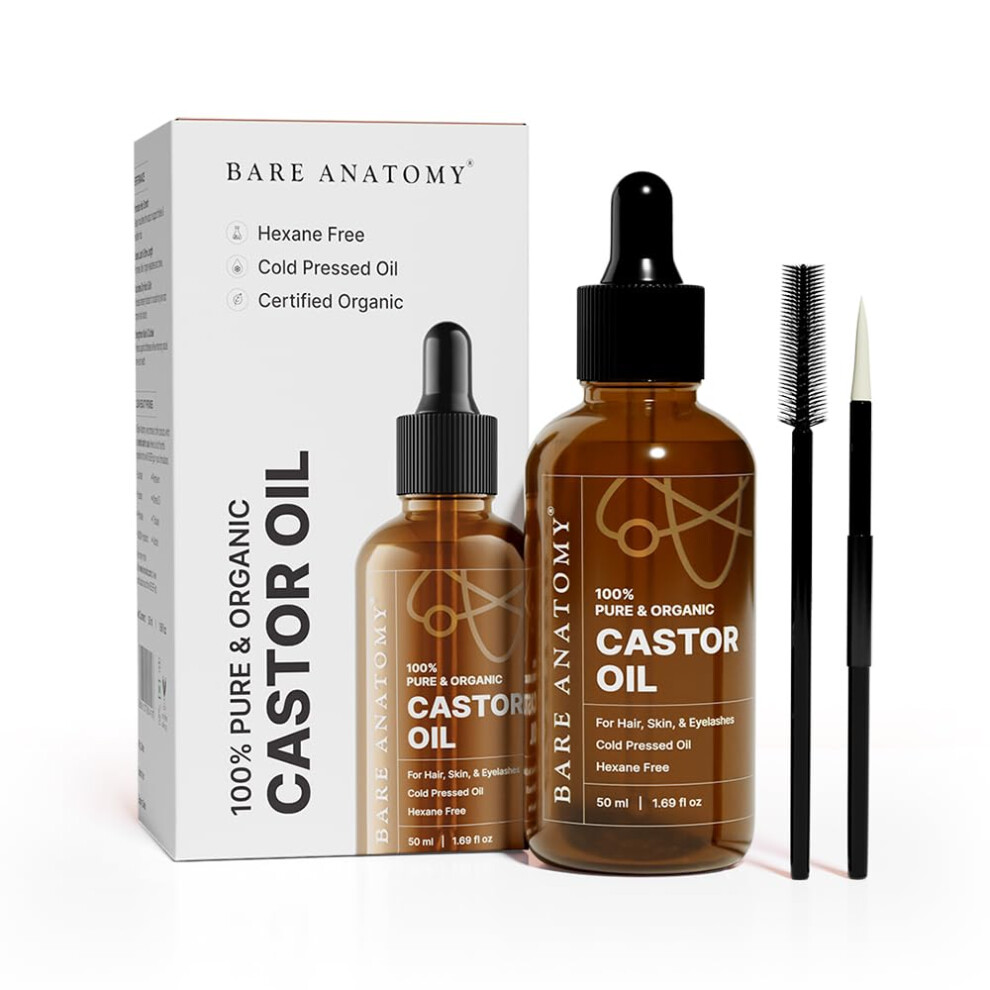 Bare Anatomy 100% Pure & Organic Castor Oil -Cold Pressed Unrefined Usda Certified Hexane-Free | For Hair Growth Thicker Eyelashes & Eyebrows